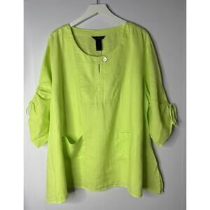 Ali Miles Womens 100% Ramie Top Sz 1x Lime Green Pockets Artsy Lagenlook